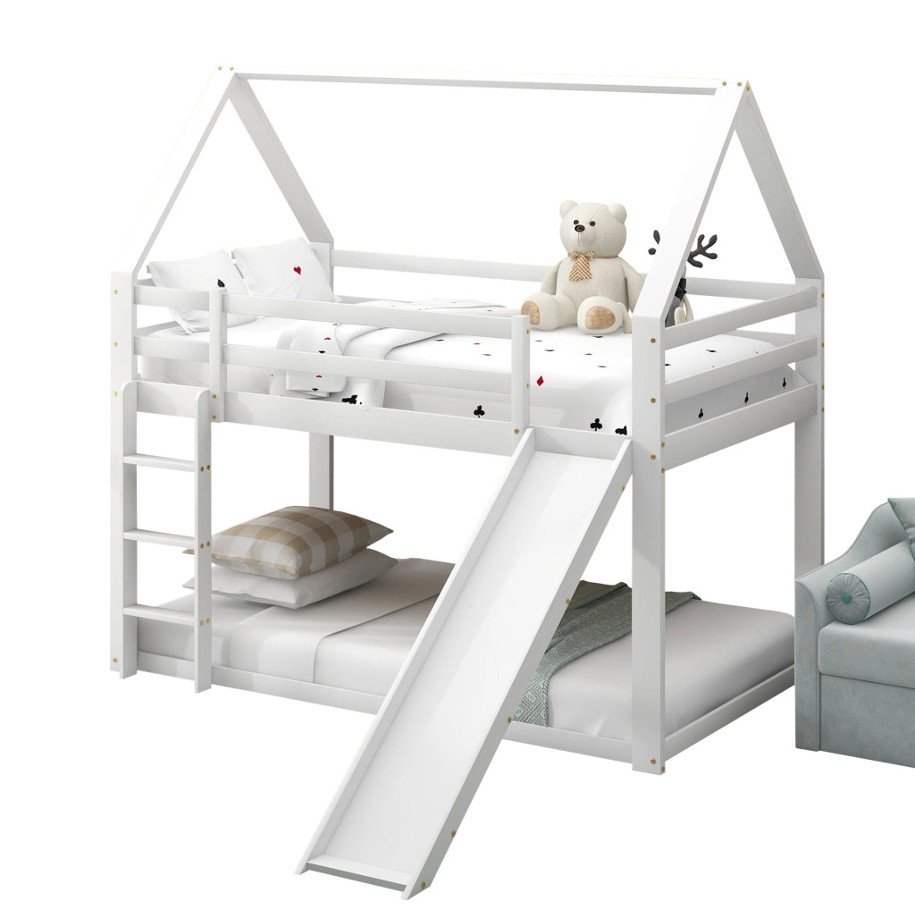 Letto a castello a casetta 90x200 cm con scivolo e scala, bianco
