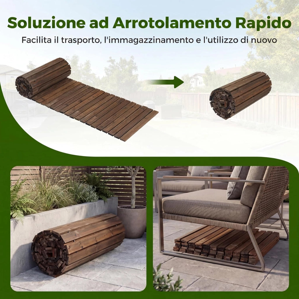 Sentiero da Giardino in Legno, Passerella Decorativa da Esterno, Superficie Antiscivolo, Collegamento con Fili Metallici, Sentiero Arrotolabile per Cortile e Spiaggia, 367 x 55 cm (Marrone)