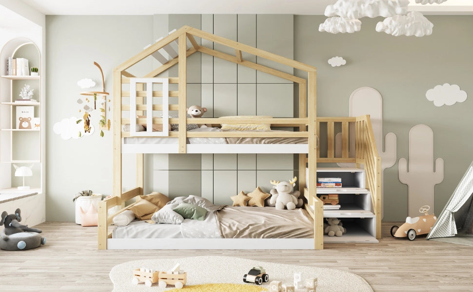DESMIU Letto a castello 3 posti con scala contenitore, sponde e finestra 90 × 200 e 140 × 200 cm senza materasso