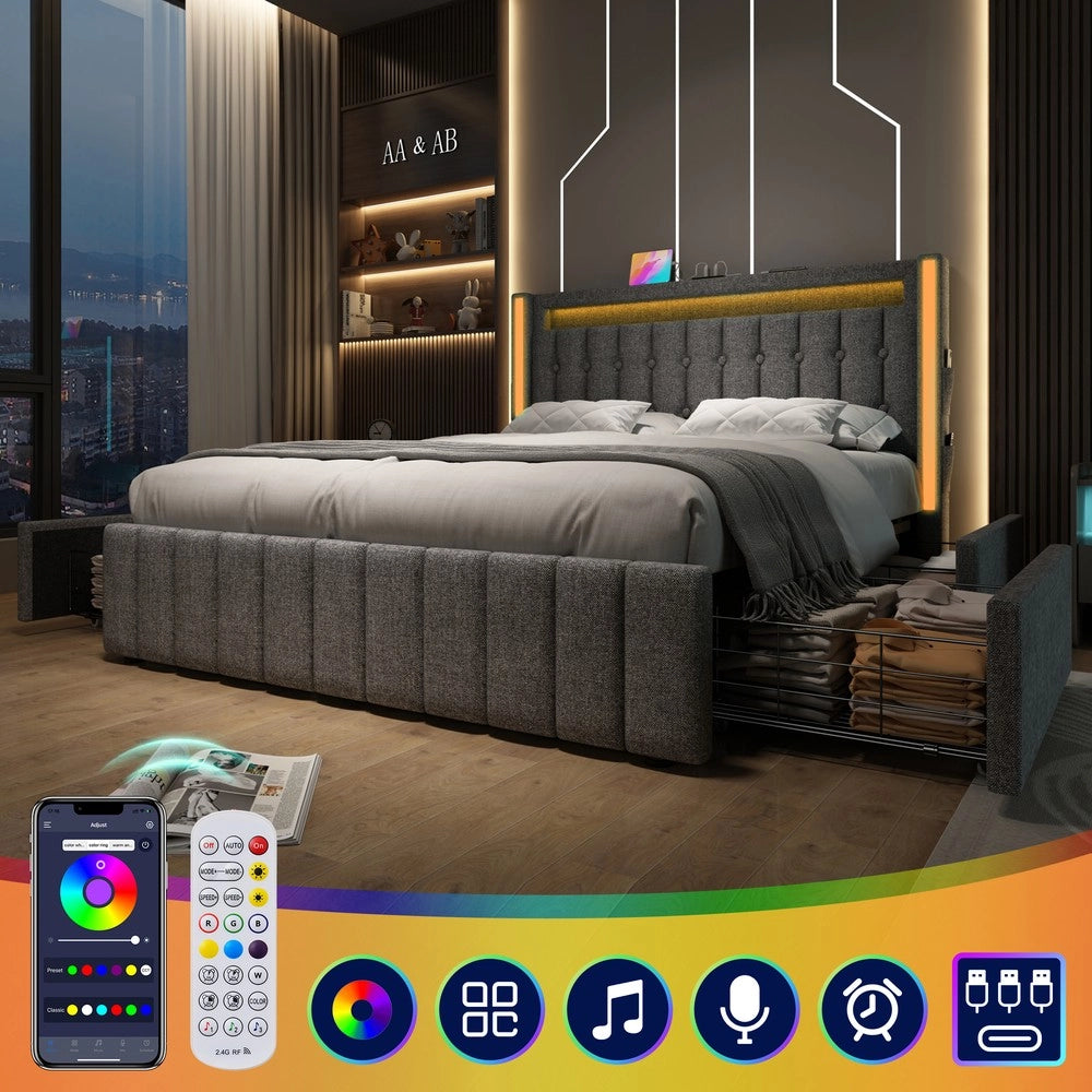 Letto imbottito con cassetti e LED ¨C Minimal ¨C Grigio, legno, 140x200cm, con materasso