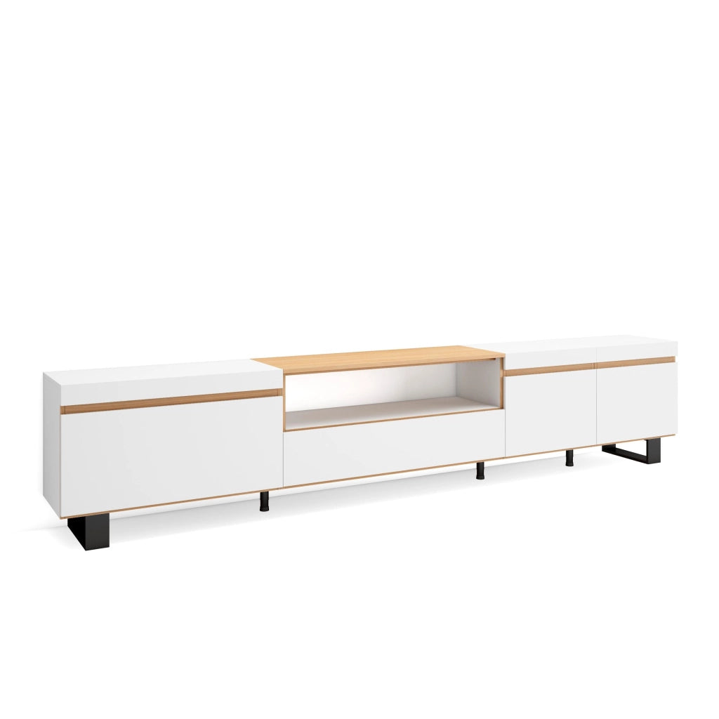 Mobile TV Soggiorno, 288x57x35 cm, TV di grande formato, Design industriale, Bianco e Rovere soft