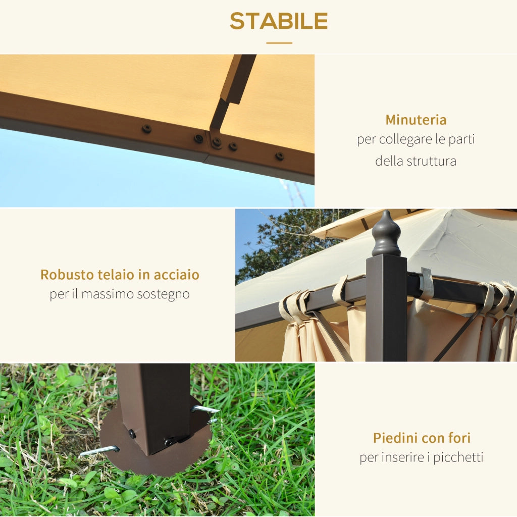 Gazebo da Giardino 3 x 3m con 4 Tende Laterali e Doppio Tetto Beige