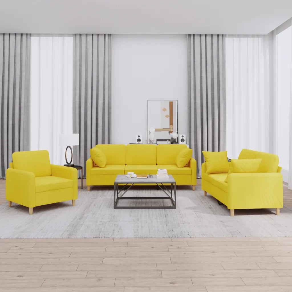 Set di Divani 3 pz con Cuscini Giallo Chiaro in Tessuto