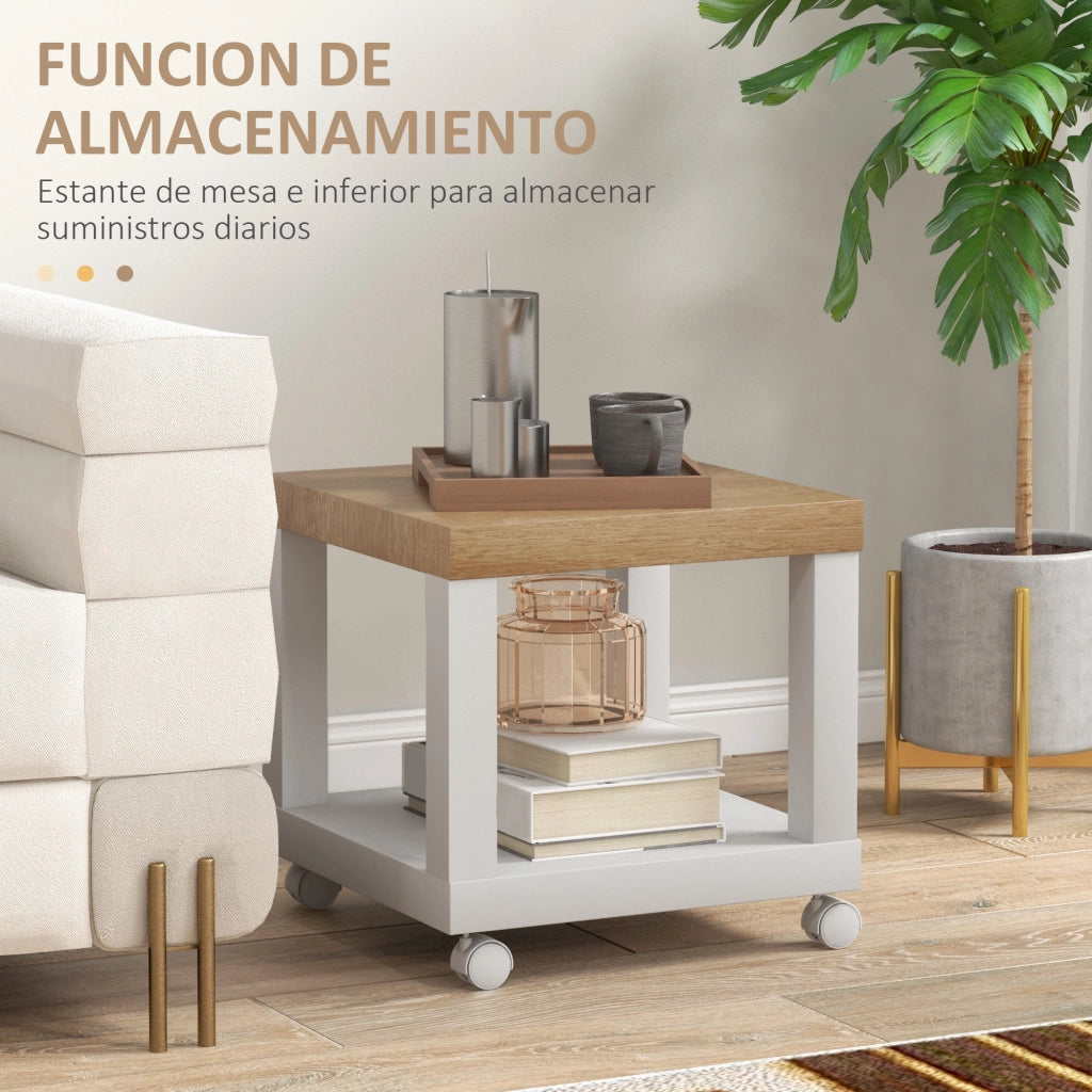 Tavolino con Ruote e Ripiano Aperto ¨C Zephmum ¨C Naturale e Bianco 40x40x40 cm