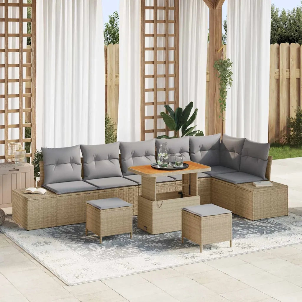 Set Divano da Giardino con cuscino 9 pcs Beige polyrattan