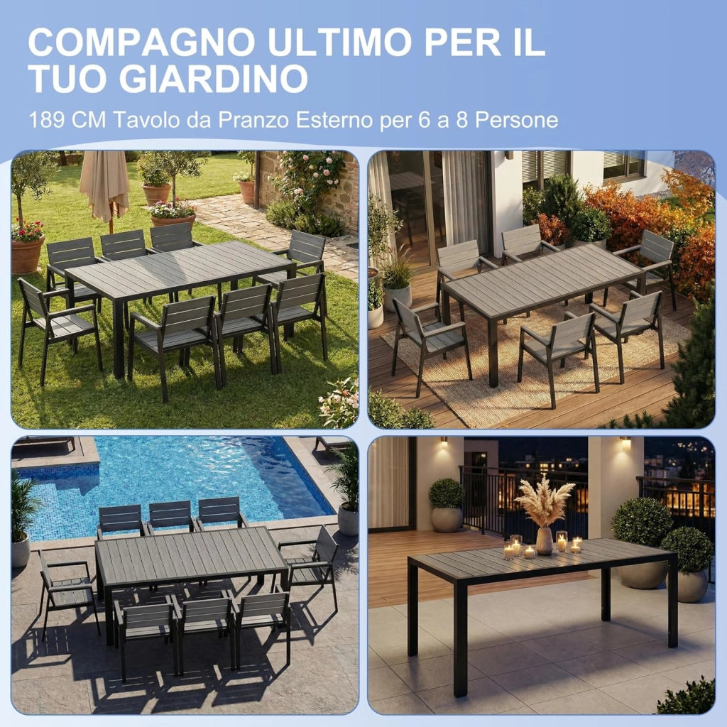 Tavolo da Giardino HDPS Resistente alle Intemperie, 189 x 80 x 74 cm Tavolino da Esterno Finitura a Vena di Legno e Facile da Manutenzionare, Tavolo da Pranzo Esterno per 6 a 8 Persone (Grigio)