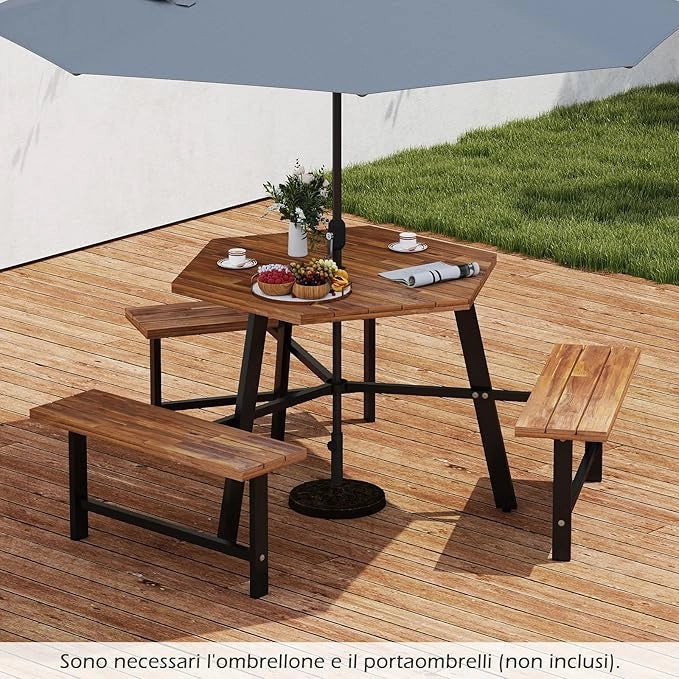 Set Tavolo con 3 Panche in Legno di Acaccia, con Foro per Ombrellone, Tavolo da Campeggio con Telaio in Metallo, Set Mobile da Picnic per Cortile Patio