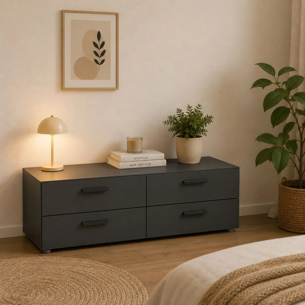 Gignod, Cassettiera 4 Cassetti, 111x52x35h cm Nero Antracite