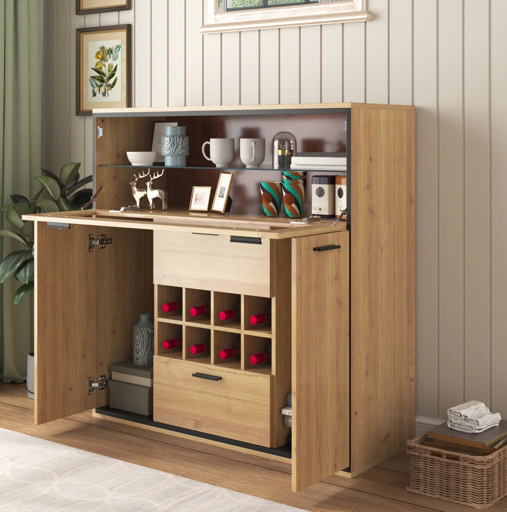 Credenza portavino con LED, 2 ante e divisorio in vetro