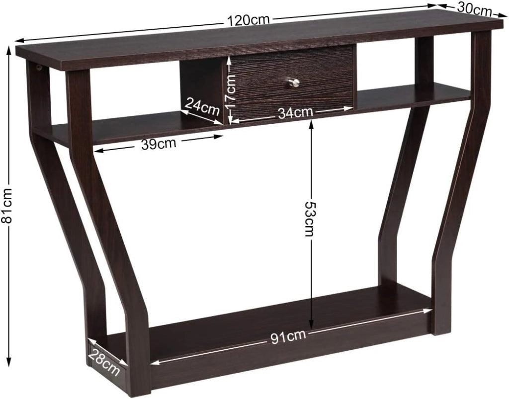 Tavolo Consolle Legno, a 3 Ripiani, Stretto e Compatto, Cassetto con Manico, Console per Soggiorno, Salotto, Ingresso, Portata di 60 kg, 120x30x81cm, 3 Colori (Marrone)