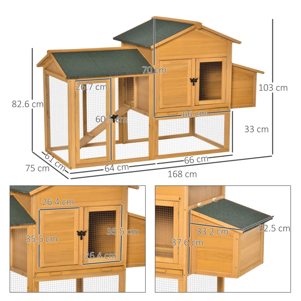 EasyComfort Gabbia per Galline con Casetta e Area Aperta, Nido con Tetto Apribile e Rete Metallica, Pollaio in Legno Giallo, 168x75x103cm
