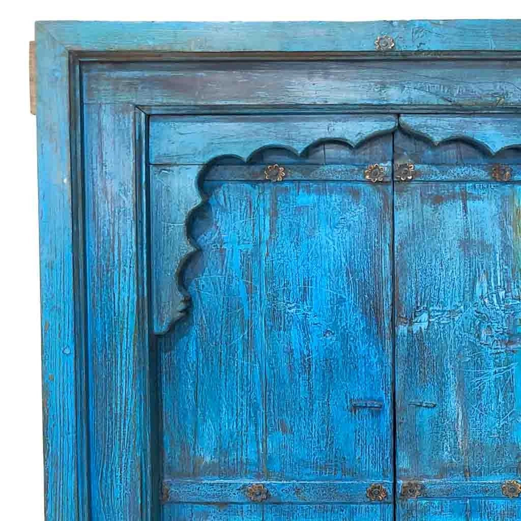 Finestra in legno blu fatta a mano 94x12x142 cm