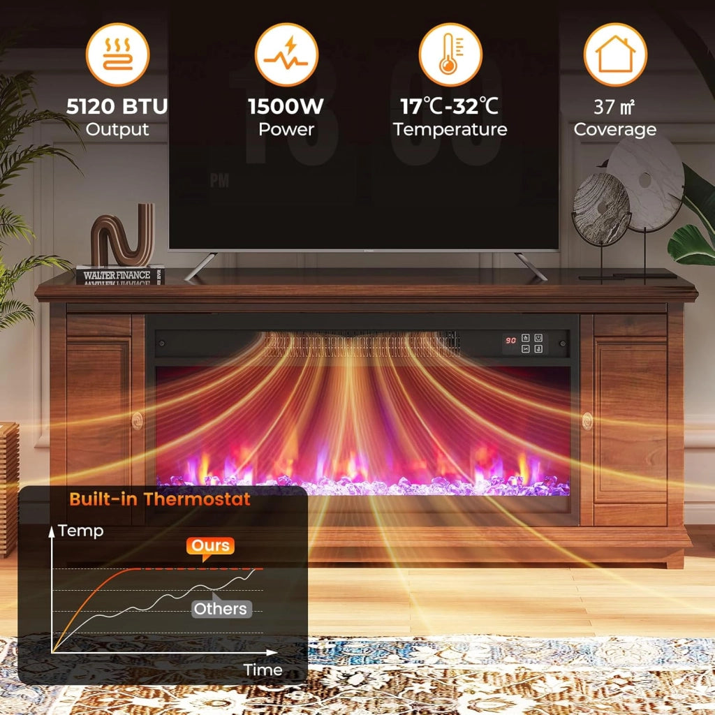 Camino Elettrico 1500W, Caminetto Elettrico con Effetto Fiamma LED a 8 Colori, 3 Livelli di Luminosità,17-32℃, Protezione Anti Surriscaldamento, Telecomando (68,5 X 11,9 X 34,2 CM)