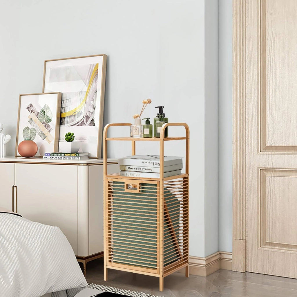 Armadietto da Terra Mobiletto Bagno 2 Ripiani Autoportante, con Sacco Portabiancheria, Adatto anche per Camera da Letto Salotto, in Bambù, 40,5 x 33 x 95,5 cm