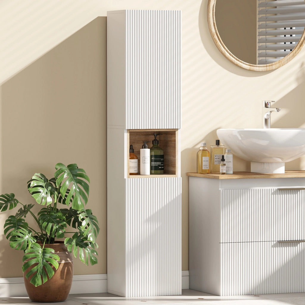 Mobile da Bagno a 2 Ante con Ripiano Aperto e Regolabile ¨C zephmum ¨C Legno, Bianco, 30x24x140 cm