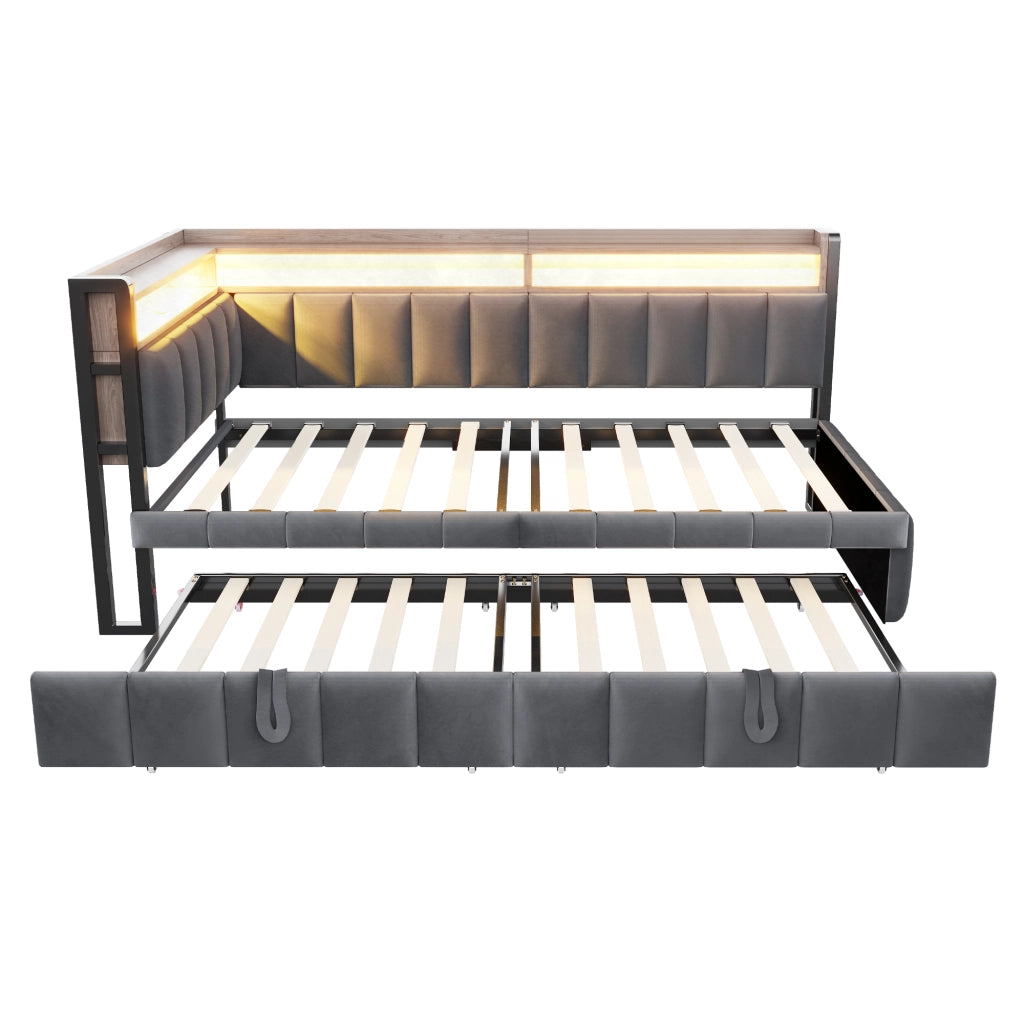 Divano letto con letto estraibile, luci LED e vani portaoggetti, porte USB e USB-C integrate, in velluto grigio scuro