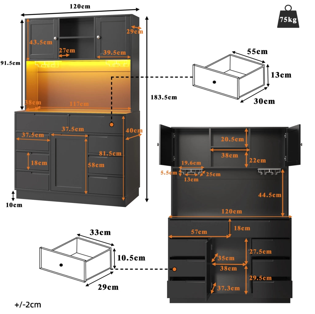 Colonna cucina con LED smart, 8 cassetti, MDF, nera