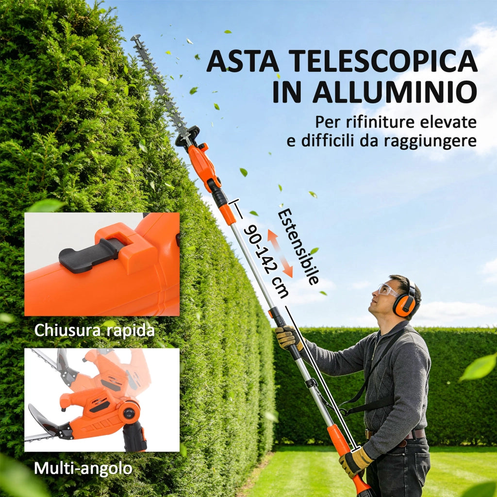 Tagliasiepi Elettrico con 2 Batterie 4000mAh e Palo Telescopico in Alluminio Arancione