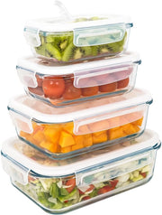 4 contenitori in vetro per alimenti di lusso e eleganza. Diverse misure (0,36, 0,60, 1 e 1,50 l). Ermetici con valvola di vapore. Adatti per microonde, forno, congelatore e lavastoviglie. Senza BPA.