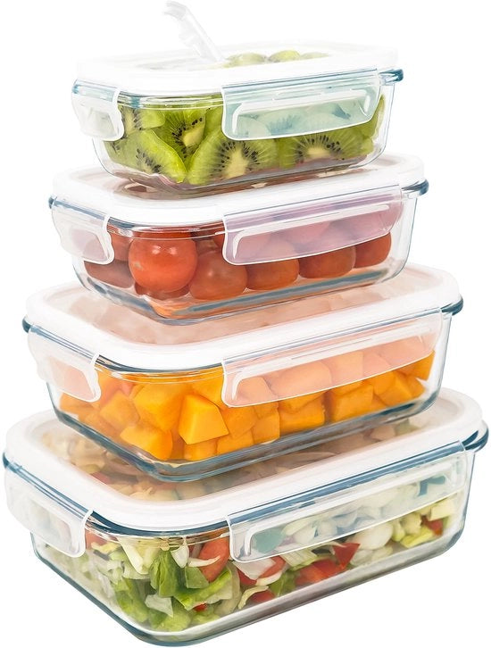 4 contenitori in vetro per alimenti di lusso e eleganza. Diverse misure (0,36, 0,60, 1 e 1,50 l). Ermetici con valvola di vapore. Adatti per microonde, forno, congelatore e lavastoviglie. Senza BPA.