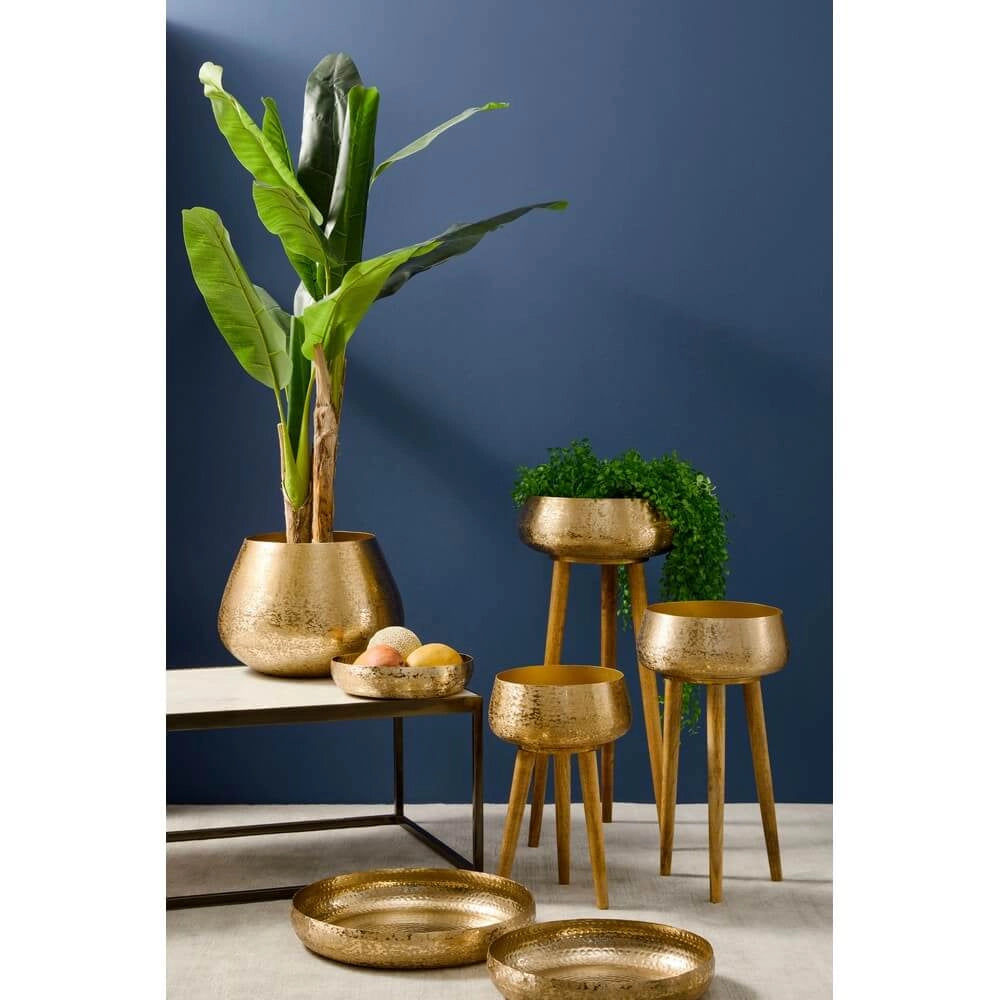Set di 3 Porta Vaso in Alluminio Martellato Oro con Treppiede in Legno - ROMAN