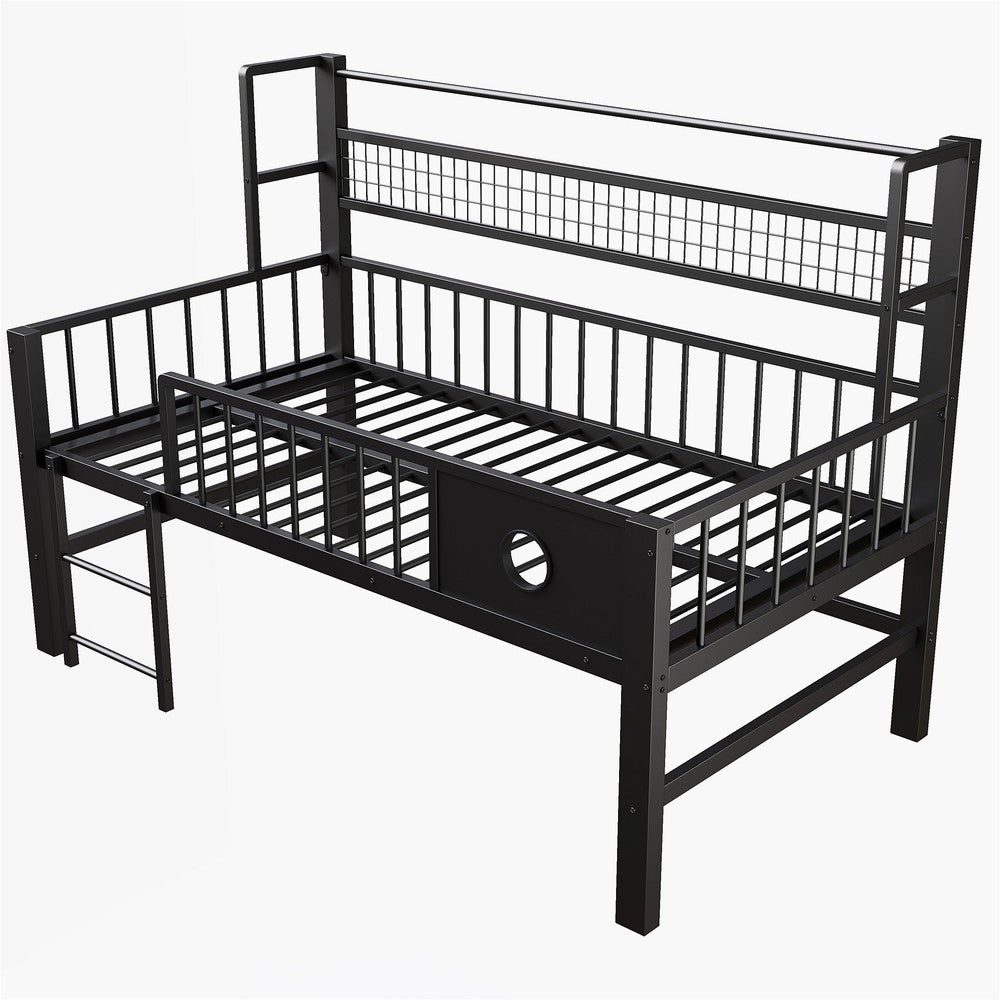 Letto a Soppalco Basso per Bambini ¨C Xylo ¨C Metallo Nero con Ripiani, 90x200