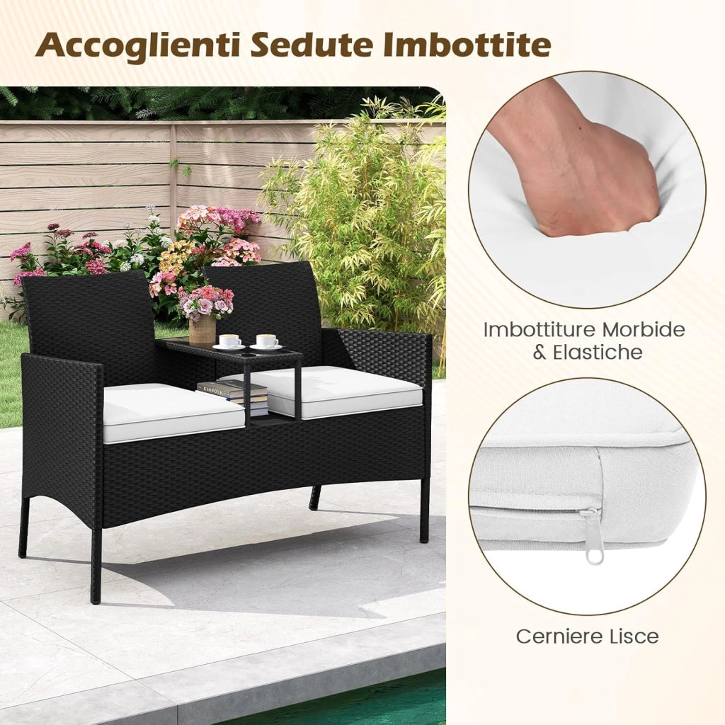 Panchina da Giardino in Rattan PE 62 x 124 x 84 cm, Divano da Esterno con Tavolino in Vetro Temperato e Cuscini Imbottiti, Poltrona con 2 Posti per Balcone, Piscina e Cortile (Bianco)