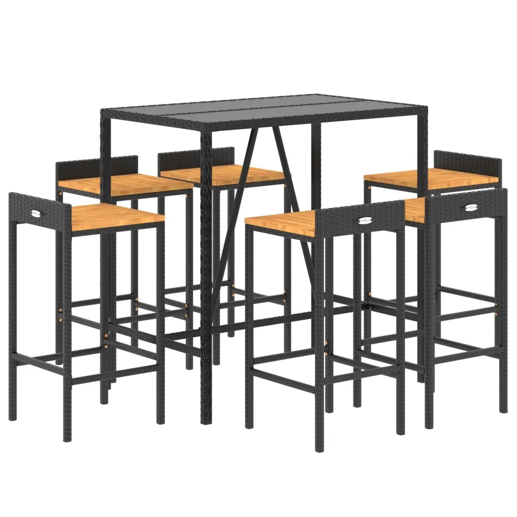Set Bar Giardino 7 pz Nero Polyrattan e Legno Massello Acaciacod mxl 102434