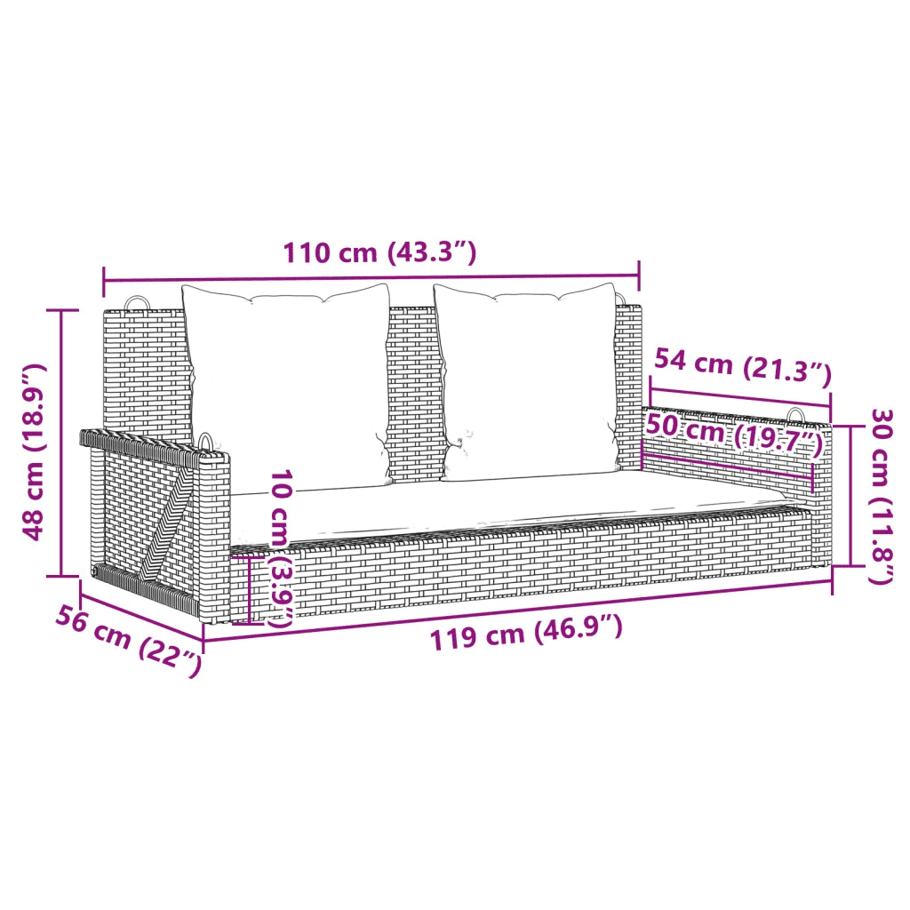 Panca a Dondolo con Cuscini-Sgabello-Panca da esterno Nera 119x56x48 cm in Polyrattan
