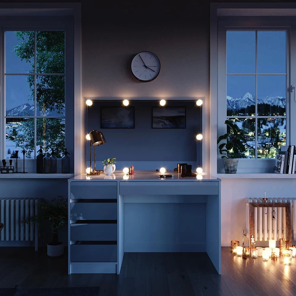 Tavolo da toeletta Sherry, Bianco, 120 cm con illuminazione a LED, con illuminazione LED e grande specchio rettangolare