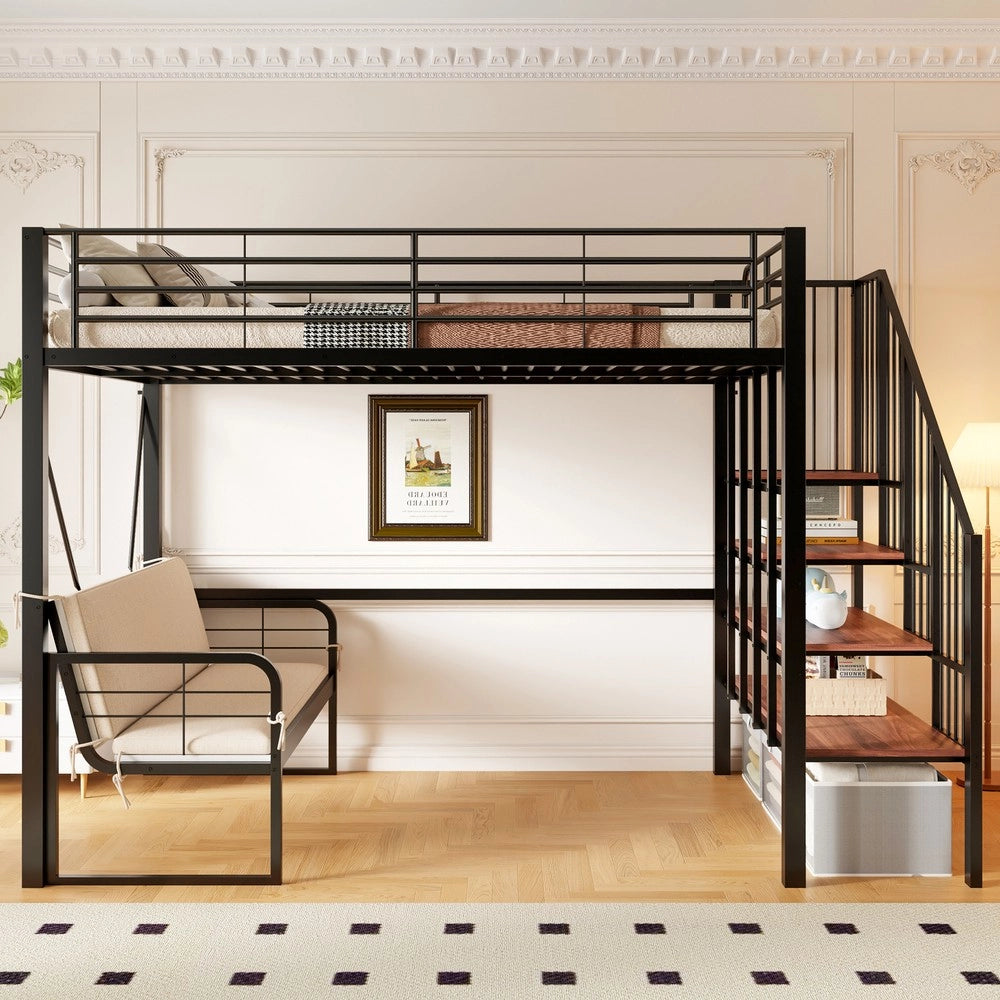 Letto a Castello 140x200 con Divano Estraibile, Contenitore e Scala ¨C Xylo ¨C Nero, Metallo