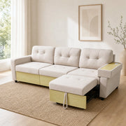 Divano angolare modulare con chaise longue estraibile USB contenitore e bracciolo con ripiano in velluto beige per soggiorno