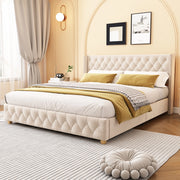 Letto capitonné – 160x200 cm – bottoni borchie gambe legno – velluto beige chiaro