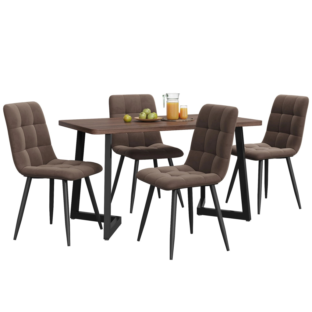 Set da pranzo 5 pezzi con tavolo in MDF noce e 4 sedie in velluto