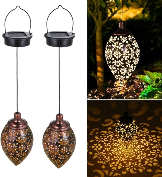 Lanterna a Sospensione Esterna 2 pezzi - Illuminazione Esterna Solare su Energia Fotovoltaica - Lampada Esterna LED con Sensore Giorno/Notte - Lampione da Giardino - Bronzo - Metallo