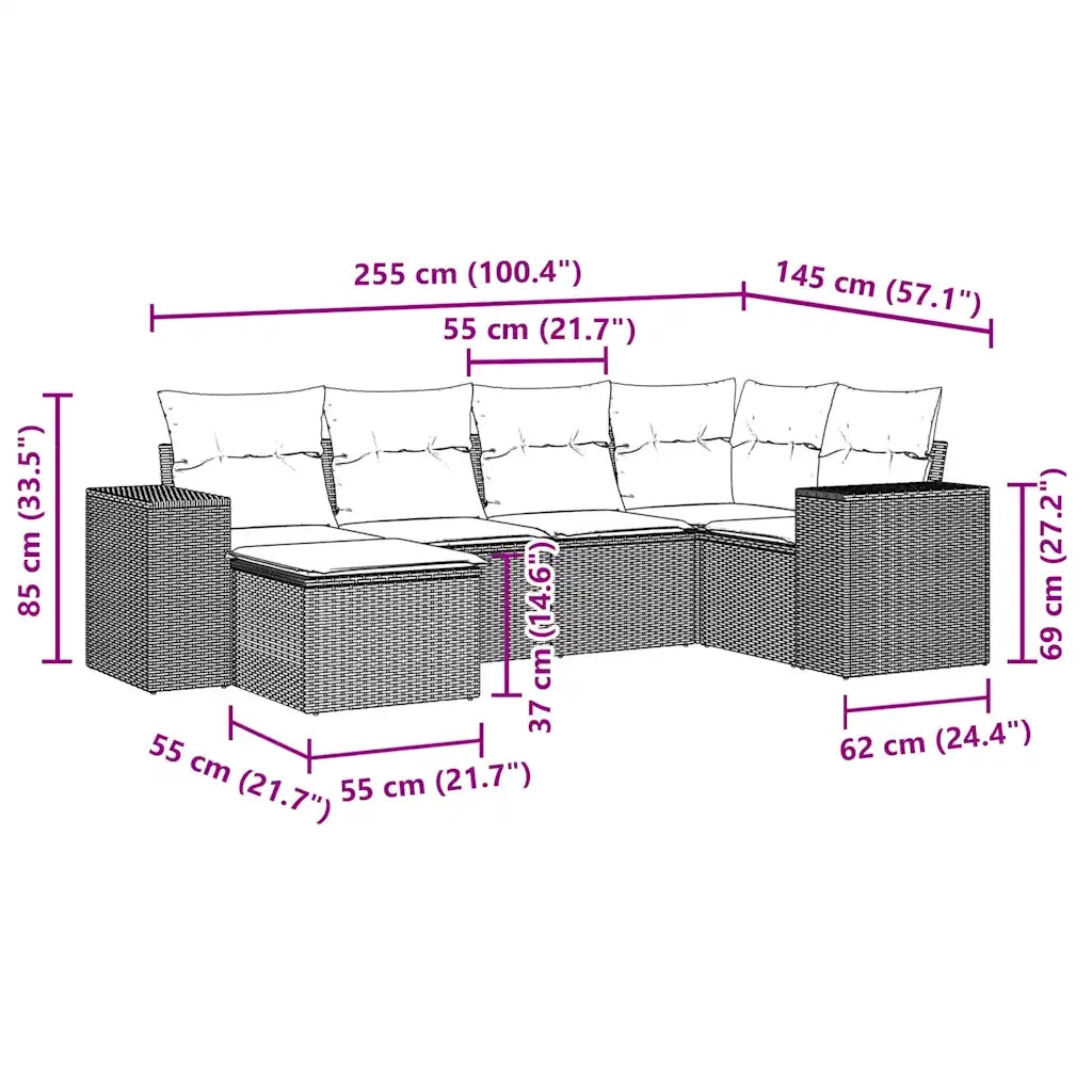 Set Divano da Giardino 6pz con Cuscini Grigio Chiaro Polyrattan