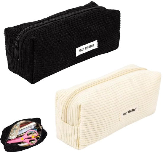 Etui a 2 pezzi in corduroy, con cerniera per ragazzi, scuola, ragazze, ragazzi, ufficio (nero, bianco)