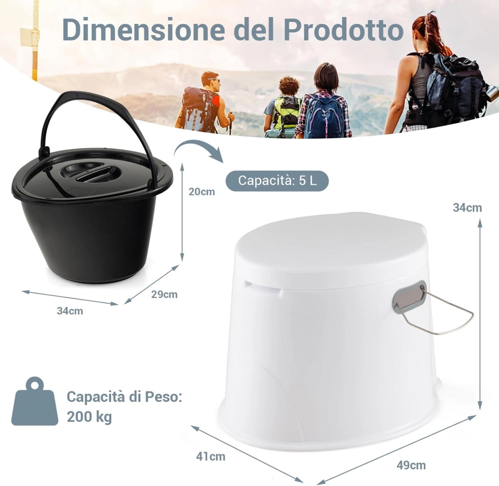 Toilette Portatile WC Chimico, WC da Viaggio Leggero con Secchio Interno Rimovibile,Water Portatile per Adulti e Anziani con Portarotolo, Supporto Carico 200 kg, 41 x 49 x 34 cm