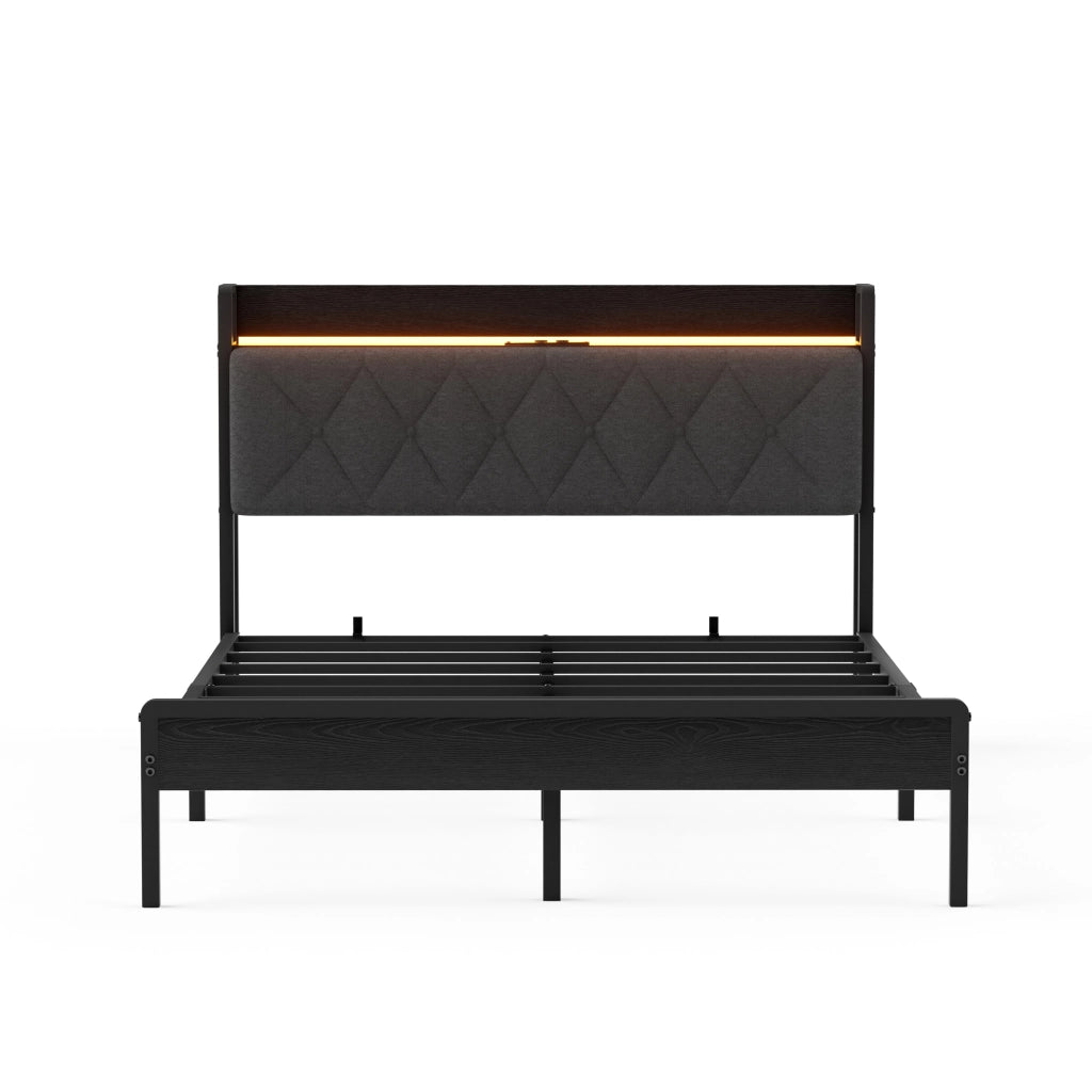 Letto imbottito 140x190 cm con testiera LED e USB, struttura in metallo, nero/grigio