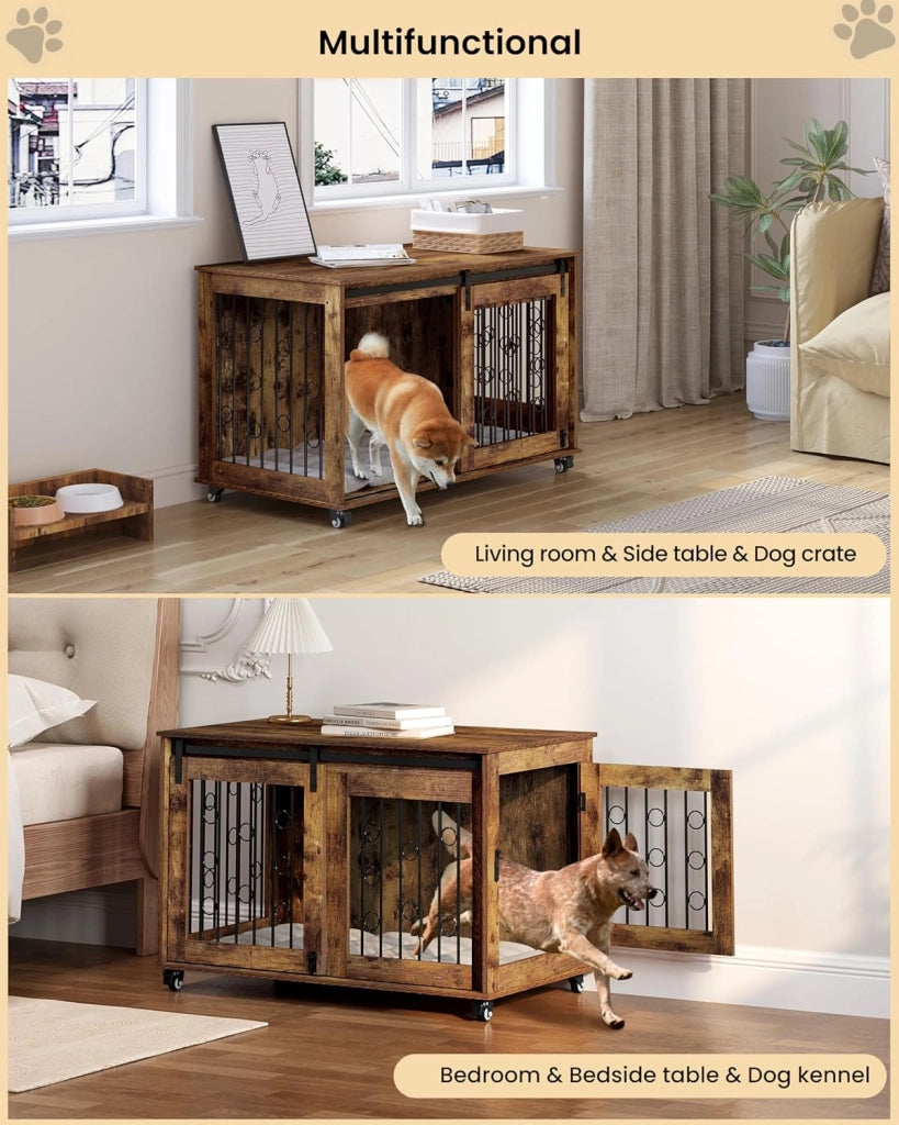 100cm Gabbia per Cani da Interno, Kennel Cane Medio Grande con 2 Porte e Ruote 360° Casetta Gabbia Movibile per Cani, Gabbie per Cane Arredamento in Legno Marrone Vintage 100x56x65cm