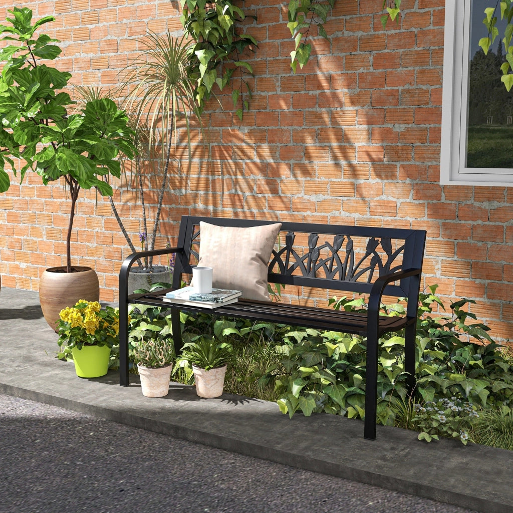 Panchina da Giardino  2 Posti  con Schienale Decorato e Braccioli 125x50x75 cm in Acciaio Nero