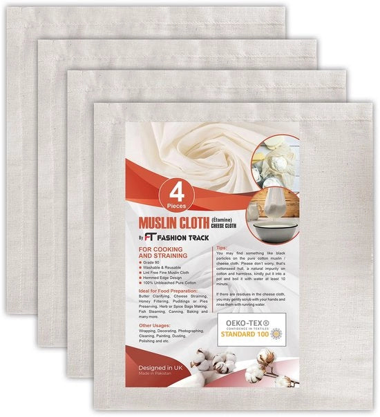 Tessuti di cotone muslin per cucina, tovaglie per formaggio, cottura e filtraggio, 50 x 50 cm, classe 90 - senza pelucchi, 100% cotone non sbiancato, tessuto riciclabile (4 pezzi)