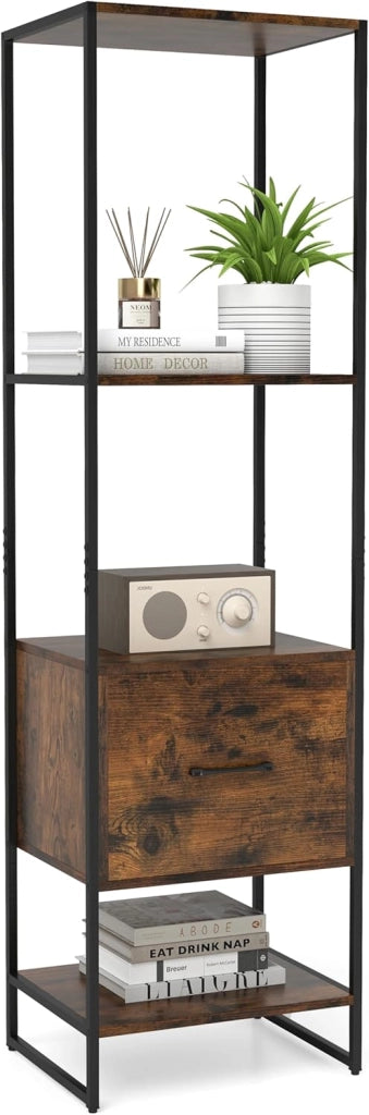 Libreria a 5 Ripiani con Cassetto, Scaffale di Stoccaggio con Struttura in Metallo e Kit Antiribaltamento, Unità Espositiva Autoportante per Camera da Letto Soggiorno, 45x35x160 cm (Marrone)
