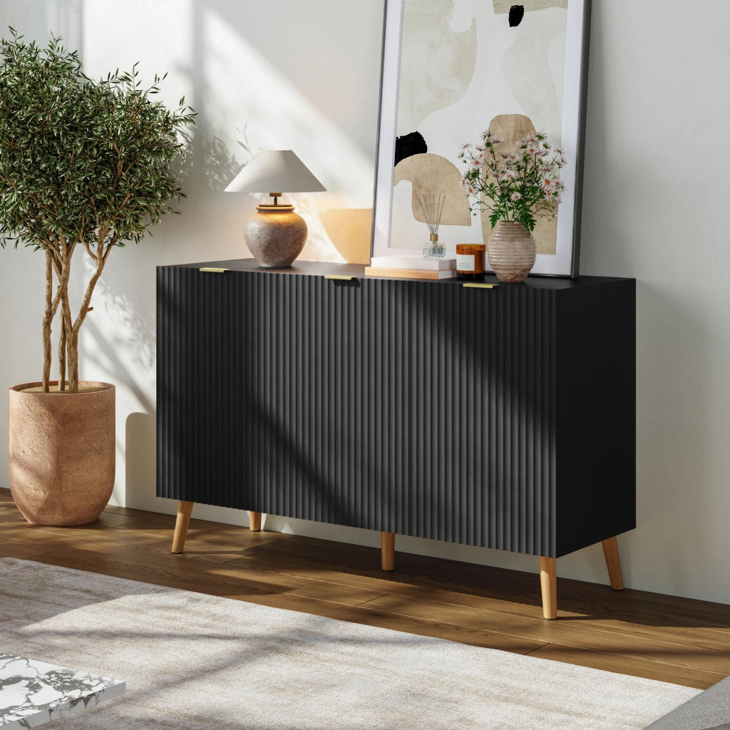 Credenza Nand Madia con 3 Ante Scanalate 120x40x76 cm Nero [en.casa]