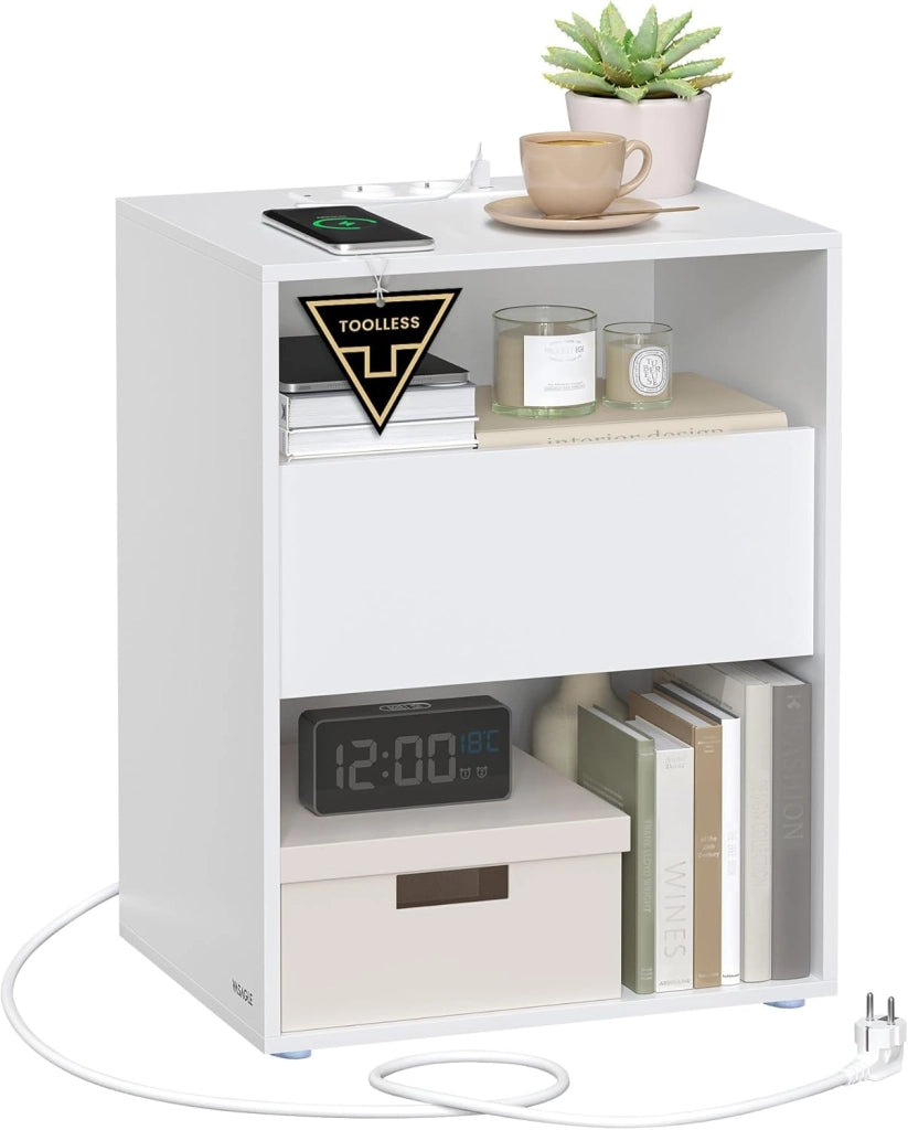 VASAGLE Comodino, Montaggio Rapido Senza Attrezzi Toolless, Tavolino con Stazione di Ricarica, Moderno, Cassetto, per Camera da Letto e Soggiorno, Nero Inchiostro e Beige Cappuccino LET777B04
