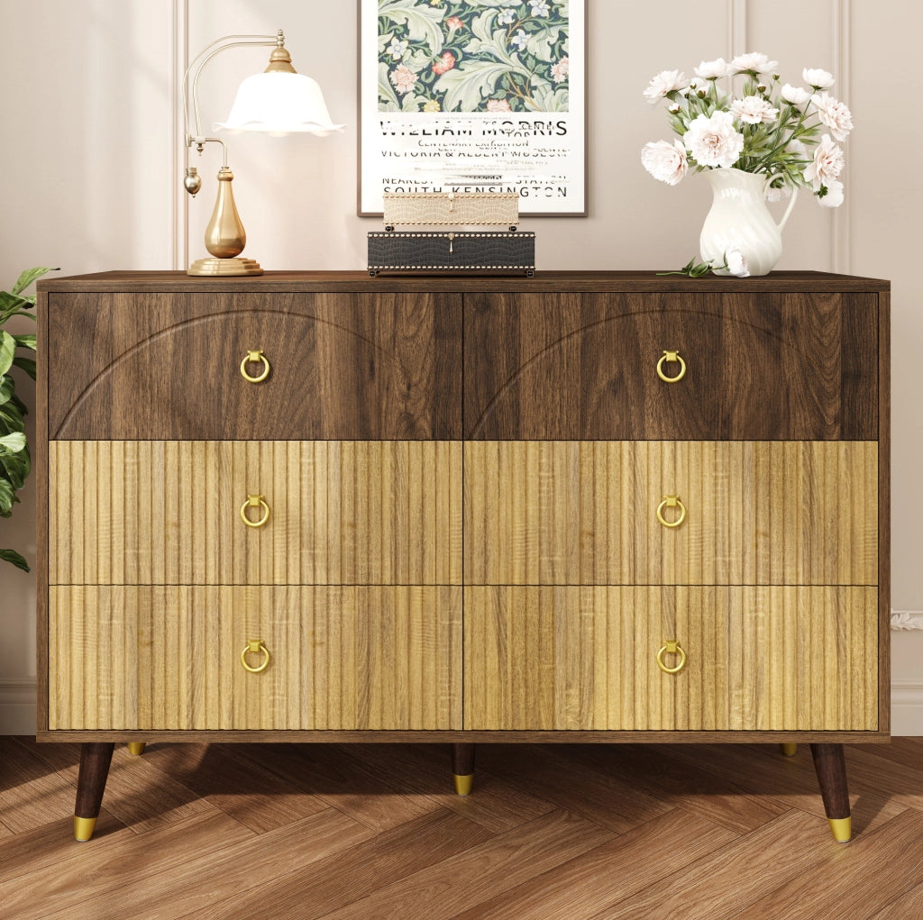 Sideboard vintage a 6 cassetti 120x40x81 cm in MDF e pannello truciolare; naturale