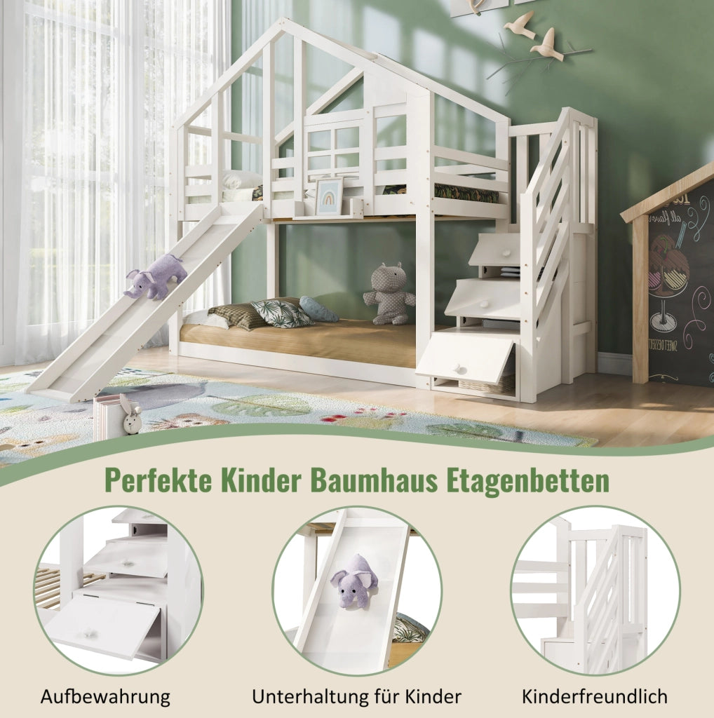 Letto a castello a casetta 90x200 cm con scivolo e scale contenitore; bianco