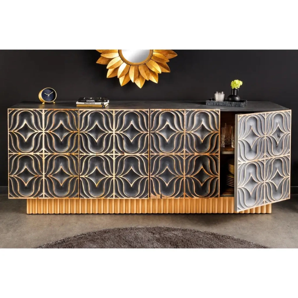 Buffet PALAZZO 180 cm – Legno massiccio grigio e dorato – Scolpito stile retrò-veneziano