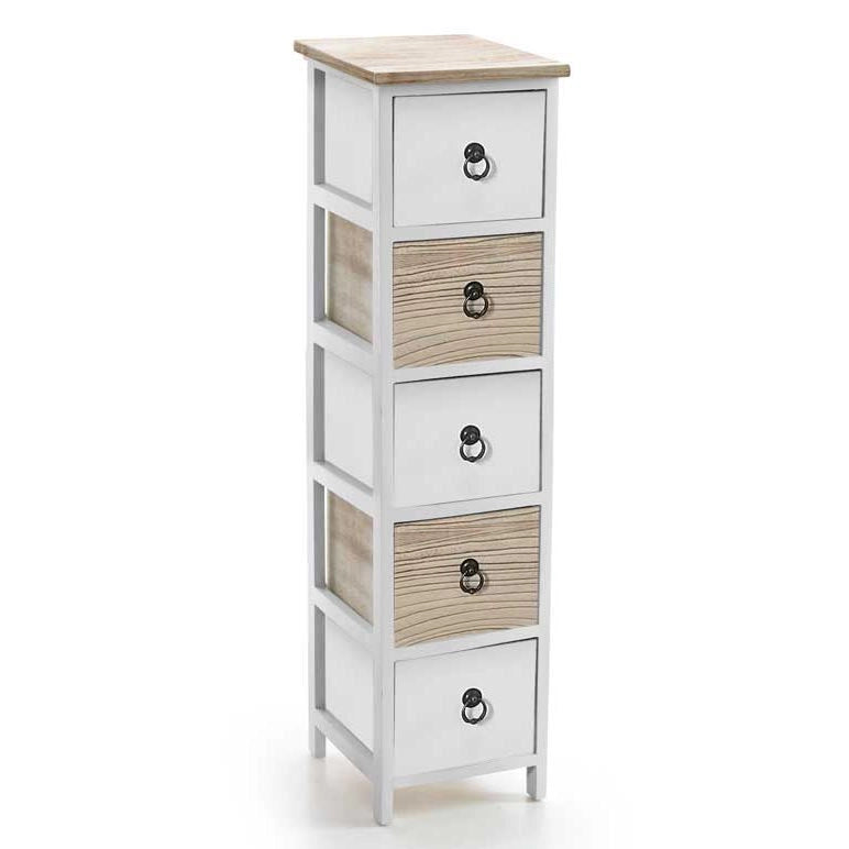 CASSETTIERA IN LEGNO CON 5 CASSETTI IN COLORE BIANCO E NATURALE 26 X 32 X 98 CM