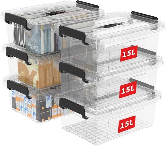 Contenitore di archiviazione - 15 x 6 contenitori in plastica con coperchi - Contenitore organizzatore con maniglia e chiusura sicura a gancio - Stivabile - Nestabile - Per uso domestico ufficio e borsa per abbigliamento